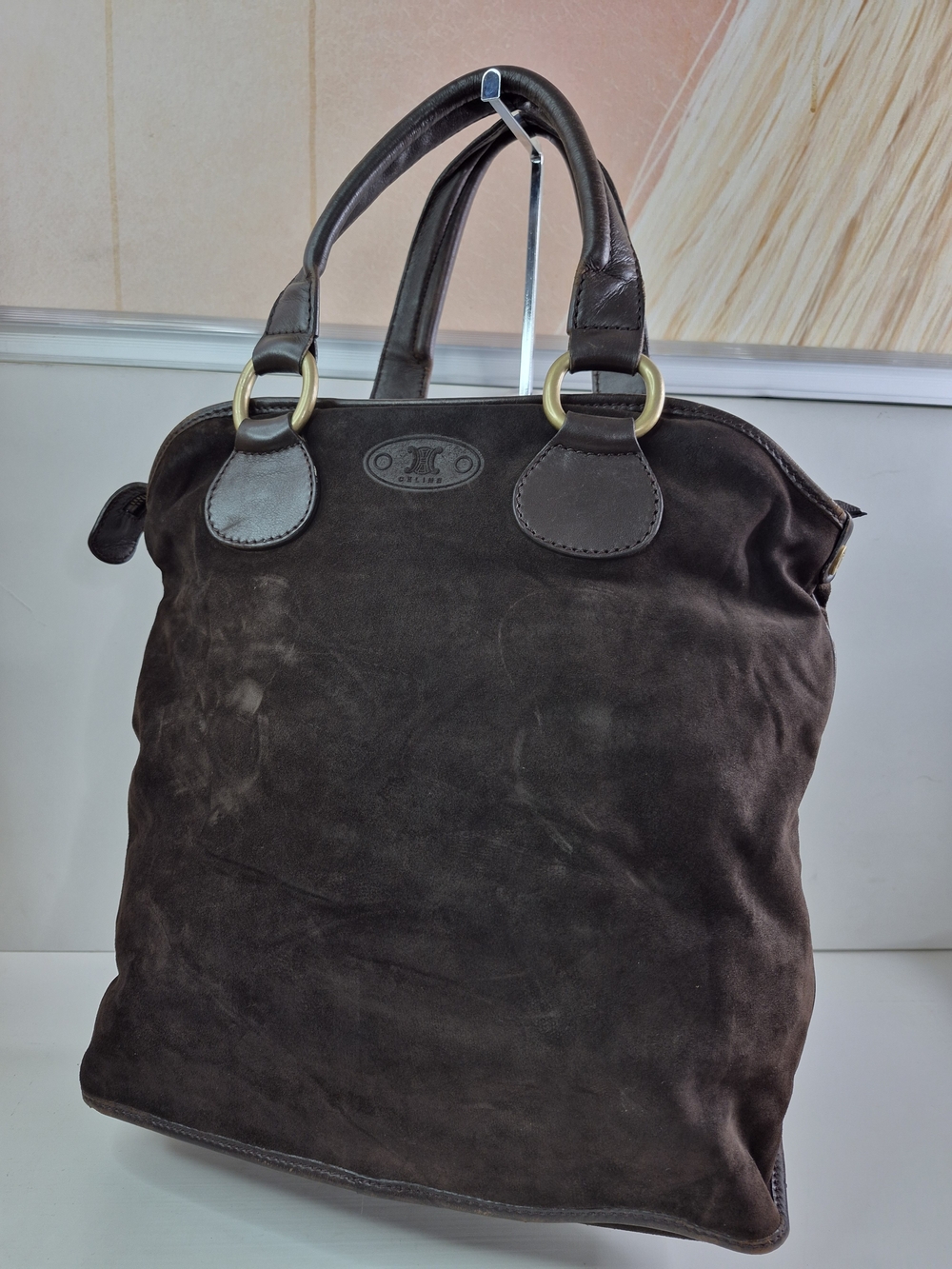 Celine Dark Brown Suede Tote with Gold Rings